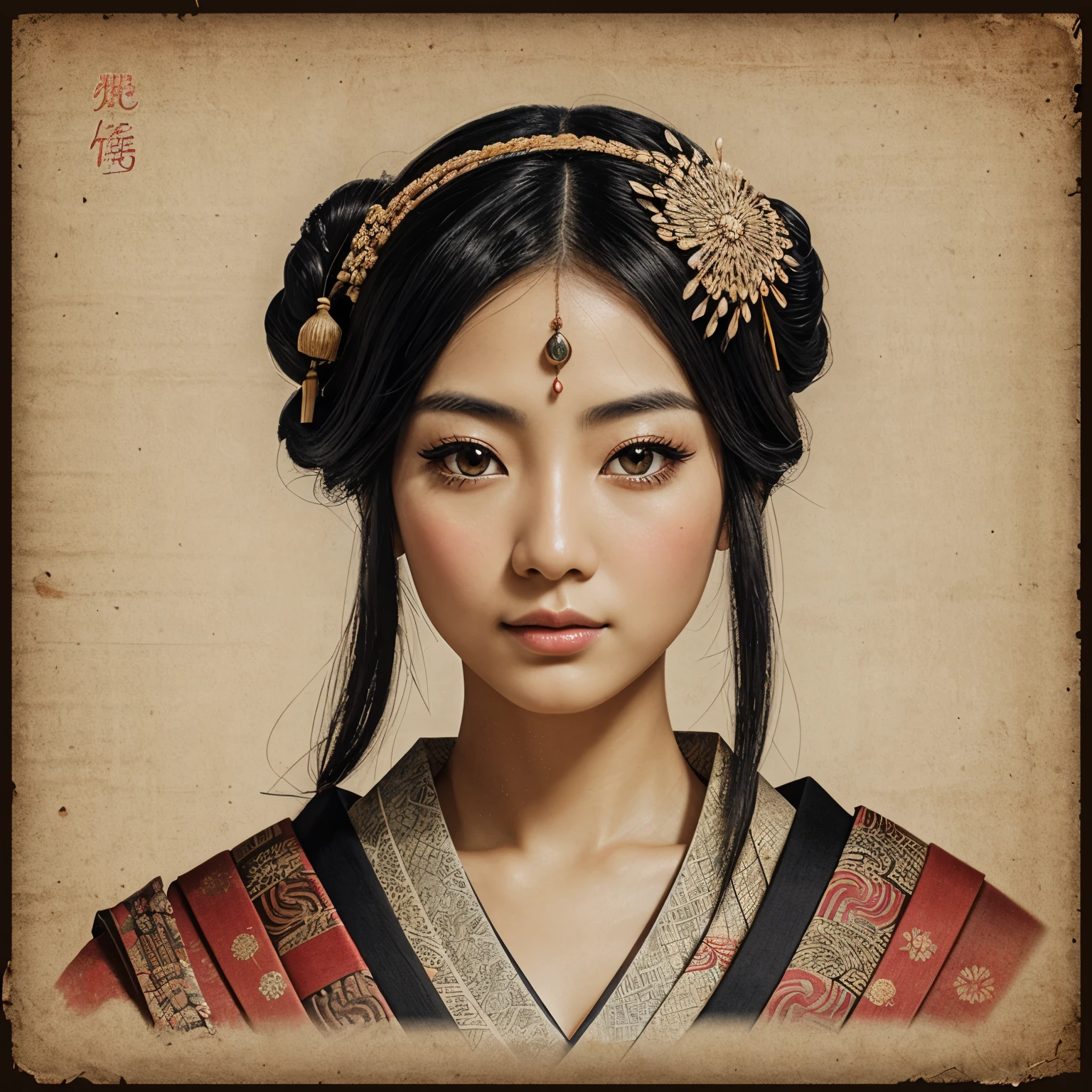 ancient papyrus-style drawing, japanese woman, 19th century, beautiful detailed eyes, beautiful detailed lips, extremely detailed eyes and face, longeyelashes, natural black hair, traditional japanese clothing and accessories, kimono, obijime, papyrus texture, pencil sketch effect, aged look and feel, distressed, pale color palette, vintage vibe, vignette effect, final touches with Adobe Photoshop, PS brushes and filters, enhanced colors, subtle lighting adjustments, improved mood, assigning warm color tones, muted colors for a nostalgic atmosphere