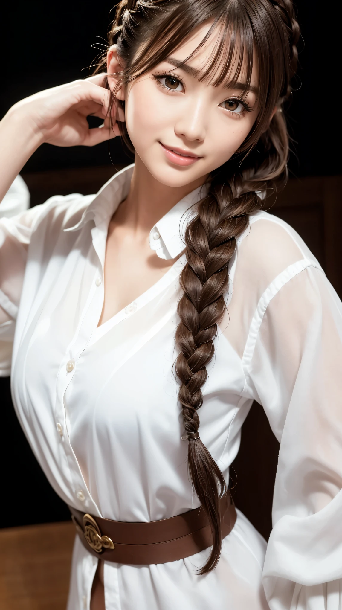 realistic, masterpiece, highest quality, highest resolution, one japanese woman, happy smile, detailed and beautiful eyes, black eye, thin eyebrows, Gives your eyelashes a delicate finish, false eyelashes, natural makeup, (braid hair, dull bangs, brown hair:1.2), detailed face, She is looking slightly to the side, but、Always watching the audience, A simple white button-down shirt, upper body photo, Portrait background