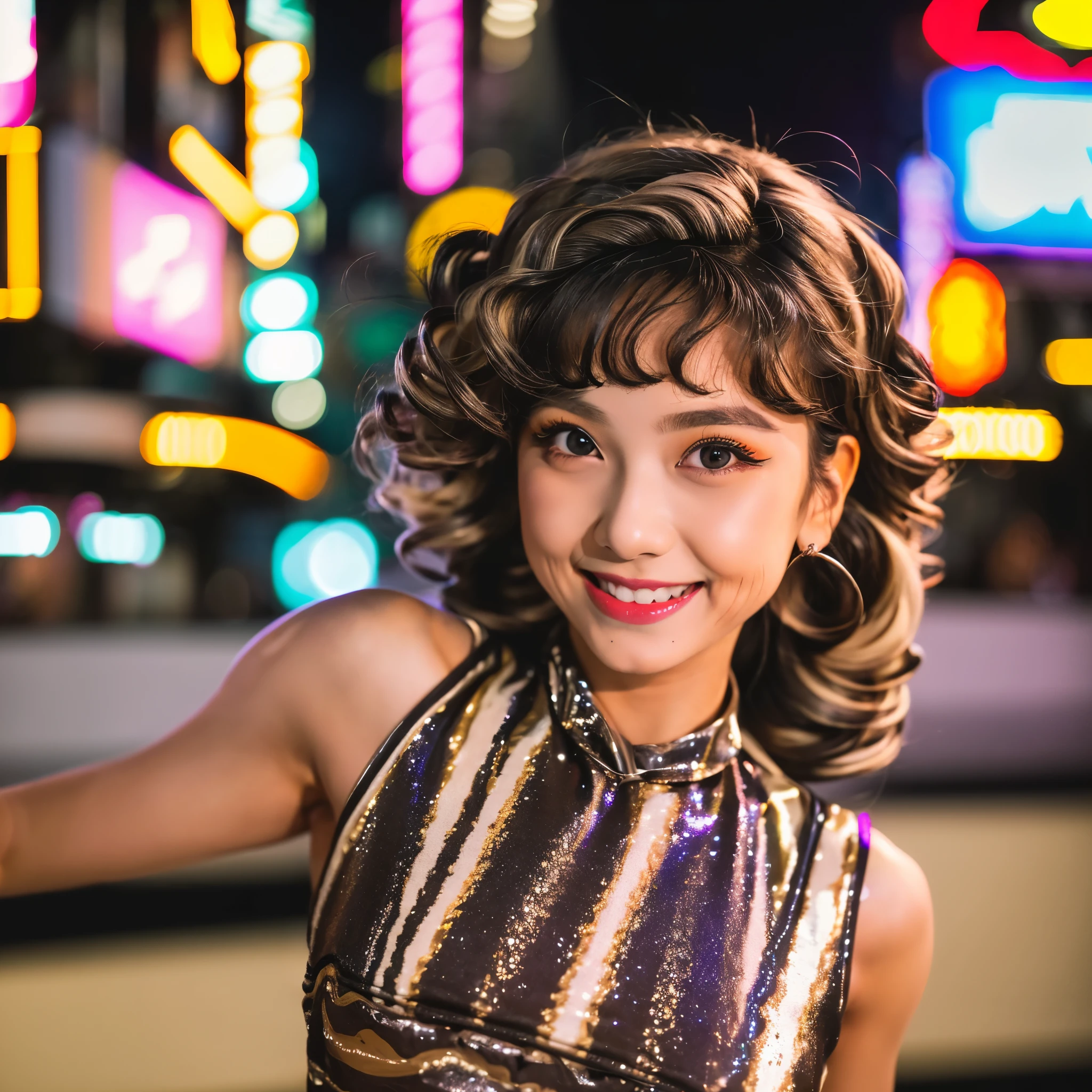 Photo Realistic, Photo Realistic,RAW Detailed, detailed shadow, 1 woman, 20 years old, (Creamy Mami: 1.5), (small face: 1.4), (eyeliner: 0.8), (eyeshadow: 1), swing jazz, dance, dancer, (jump: 1.4), dynamic pose, (smile: 1.2), (happy: 2),(blur background: 0.9), night city, neon, (enamel sign: 1),night view,(high contrast:1.2)