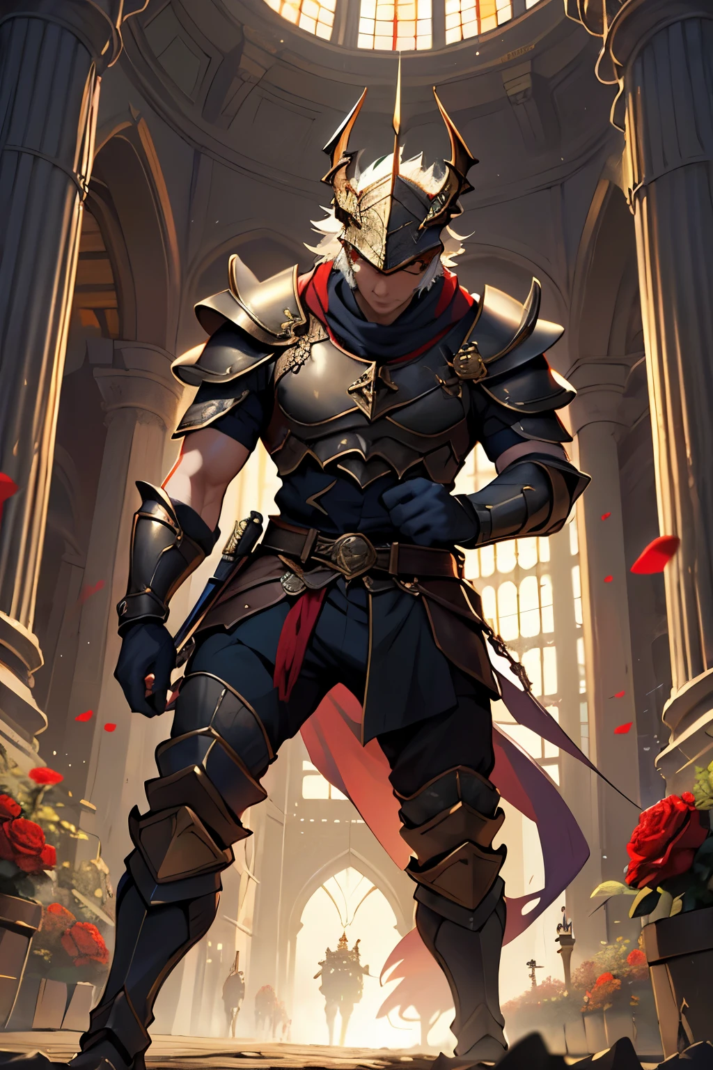 ((Mejor calidad)), ((obra maestra)), (detallado), cara perfecta
Caballero de brillante armadura, who killed the Great Dragon and from him came roses red as crimson.