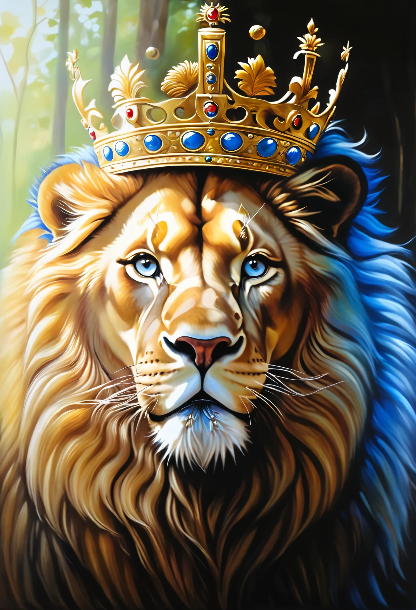 painting of a leão wearing a coroa with a blue eyes, lion with crown, Rei da floresta, Rei dos Reis, retrato de um rei, lion's gate, lion head, aslan the lion, with the mane of a leão, senhor da selva, lion warrior, lions, Leonardo da Vinci, portrait of a lion, coroa!! oil painting, lion in 128k ultra realistic.