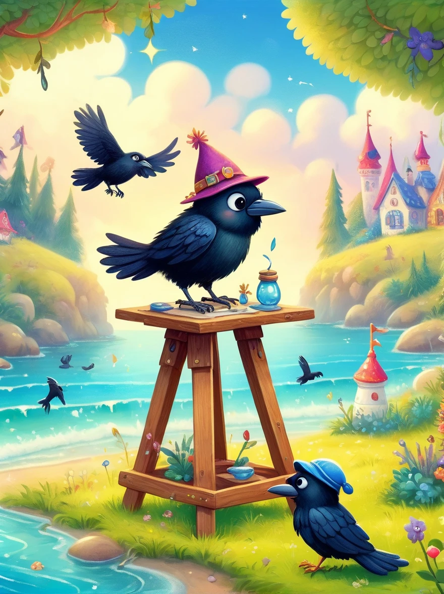 Photos with tilt-shift effect, Selective focus, Miniature effects, Very detailed, bright, View control, Naturally tilted pictures (Whimsical sense of art), charming additional fluffy, Cute crow wearing a hat, ((He painted a still life on his easel, brush, sea view)), magic, macro photography, (charming:1.3), (luminescent: 1.2), (huge flora: 1.1), mystery, vivid photography, flashing light, Preoccupied, Bizarre, Disturbing, soft focus, Overly detailed digital art