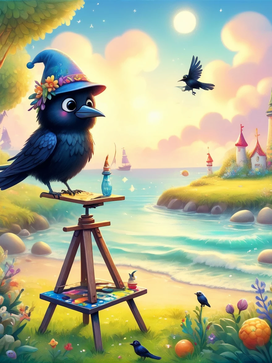 Photos with tilt-shift effect, Selective focus, Miniature effects, Very detailed, bright, View control, Naturally tilted pictures (Whimsical sense of art), charming additional fluffy, Cute crow wearing a hat, ((He painted a still life on his easel, brush, sea view)), magic, macro photography, (charming:1.3), (luminescent: 1.2), (huge flora: 1.1), mystery, vivid photography, flashing light, Preoccupied, Bizarre, Disturbing, soft focus, Overly detailed digital art