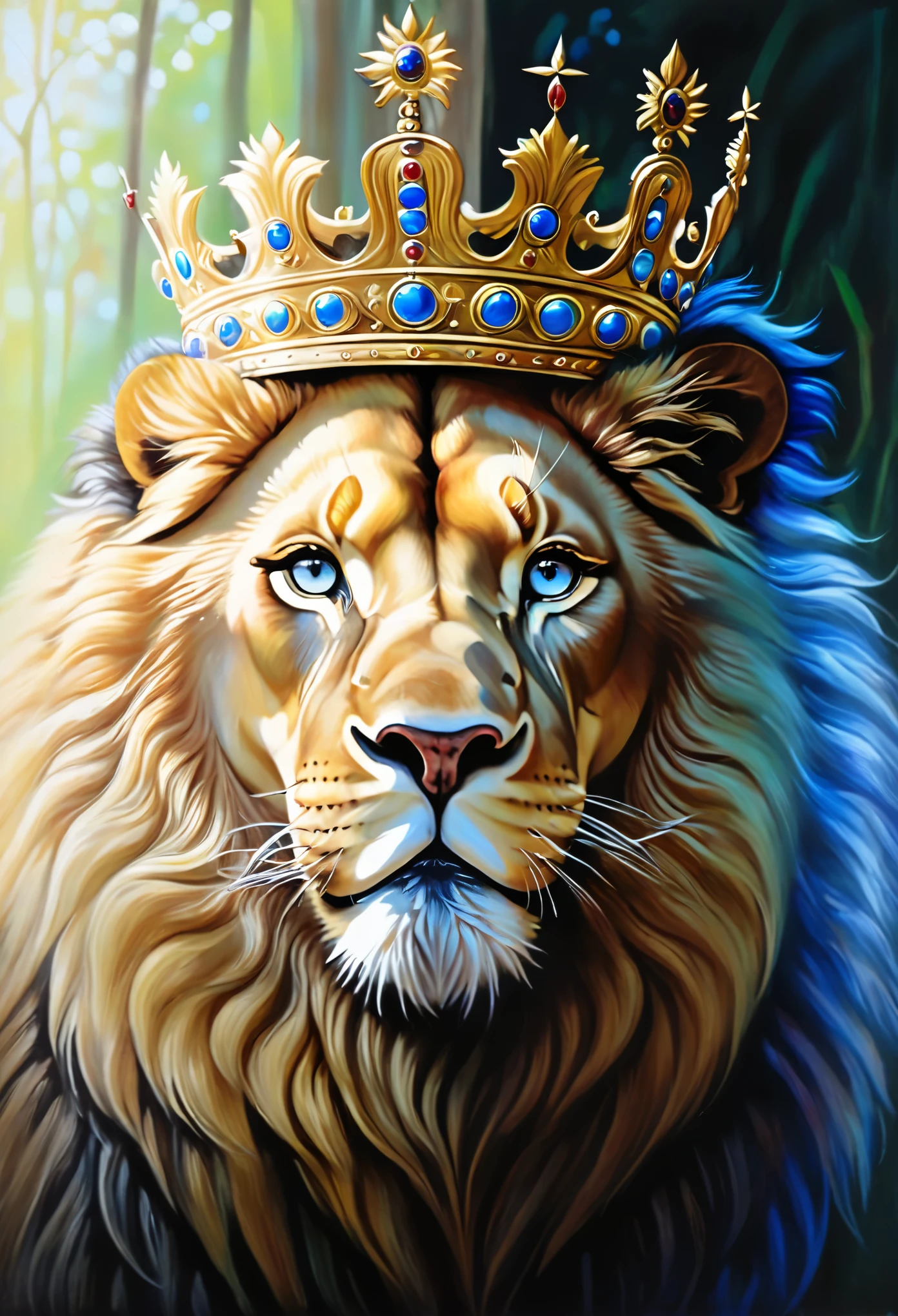 painting of a leão wearing a coroa with a blue eyes, lion with crown, Rei da floresta, Rei dos Reis, retrato de um rei, lion&#39;s gate, lion head, aslan the lion, with the mane of a leão, senhor da selva, lion warrior, lions, Leonardo da Vinci, portrait of a lion, coroa!! oil painting, lion in 128k ultra realistic.