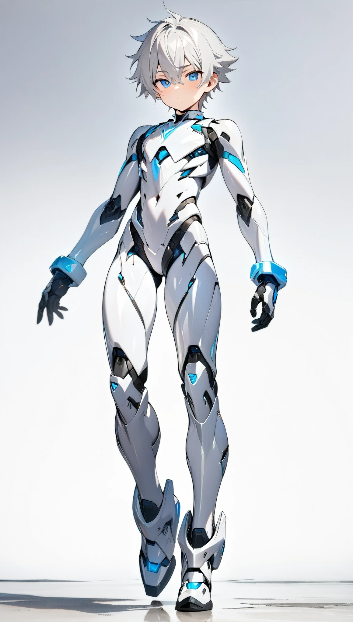 (((masterpiece:1.5))), full body image, anime robot boy, 1boy, ((shota)), shiny, ((white)) (((sleek))) robot body with accents, silver hair, blue eyes, neutral expression, plain white background