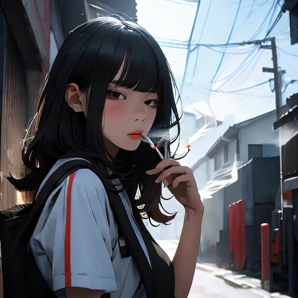 Student, uniform, smoking, white shirt, tie, rebel, slim, backpack, a lot of smoke, flat, black skirt, pretty face, beautiful, long hair, face focus, half closed eyes, relaxed, pale, asian eyes, straight hair, asian, puffy lips, lipgloss, pouty lips