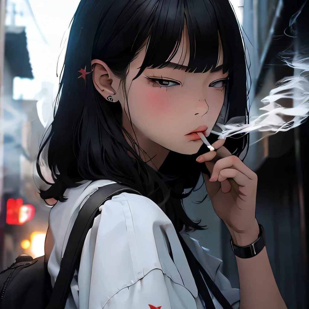 Student, uniform, smoking, white shirt, tie, rebel, slim, backpack, a lot of smoke, flat, black skirt, pretty face, beautiful, long hair, face focus, half closed eyes, relaxed, pale, asian eyes, straight hair, asian, puffy lips, lipgloss, pouty lips