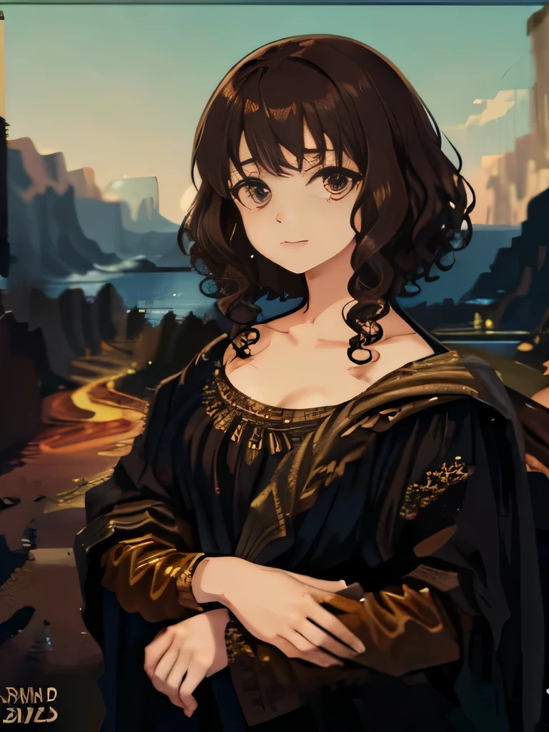 Anime girl, short hair, curly hair, light brown hair, brown eyes, long dress, dark brown dress, neutral features, village setting, Mona Lisa style.