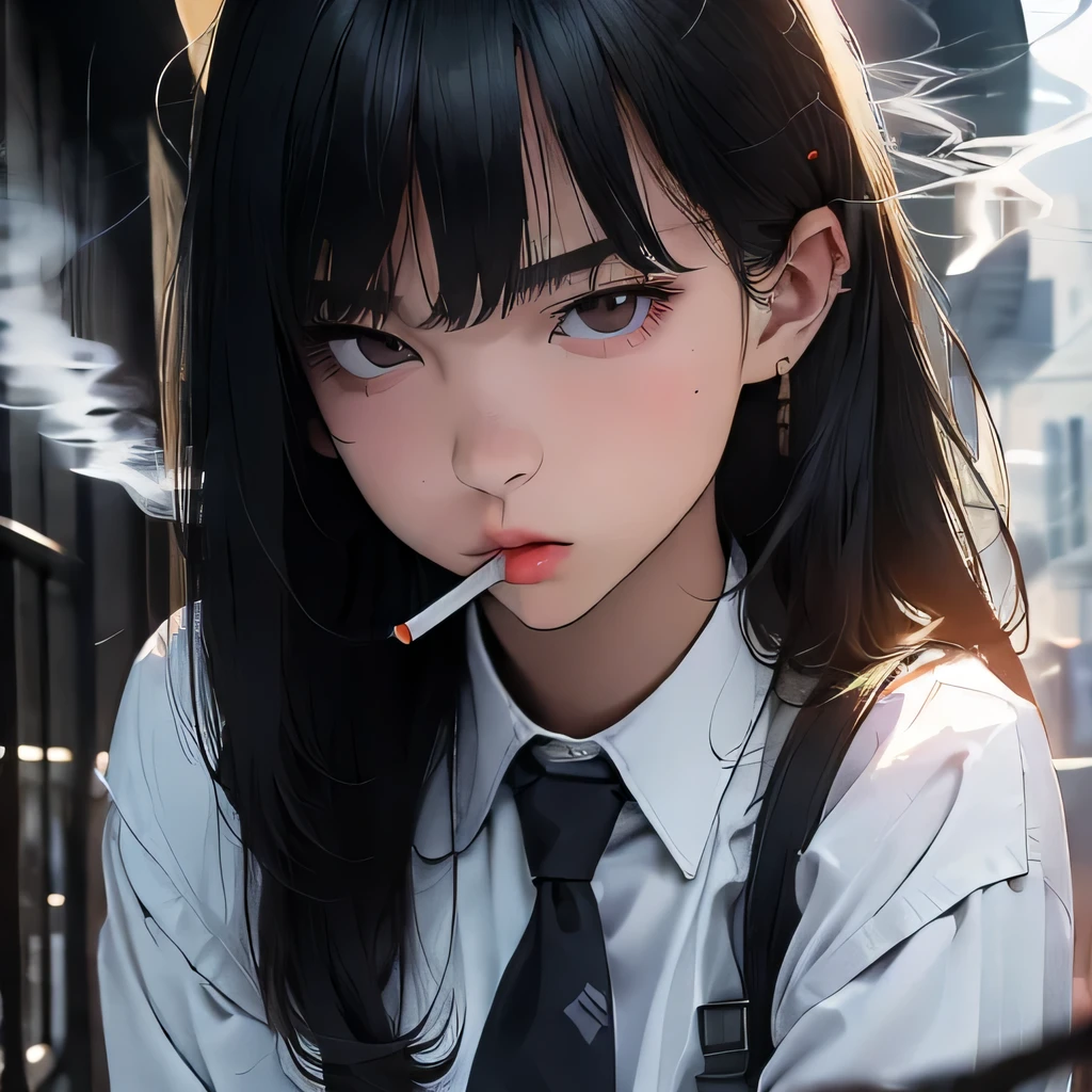 Student, uniform, smoking, white shirt, tie, rebel, slim, backpack, a lot of smoke, flat, black skirt, pretty face, beautiful, long hair, face focus, half closed eyes, relaxed, pale, asian eyes, straight hair, asian, puffy lips, lipgloss, pouty lips
