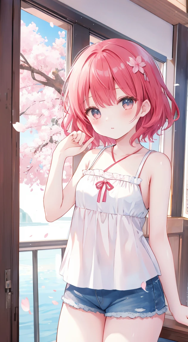masterpiece、high quality、1 girl、Tank top、shorts、cherry blossoms、Cherry blossom viewing、big chest、fun、cute、red hair、short hair、8K quality