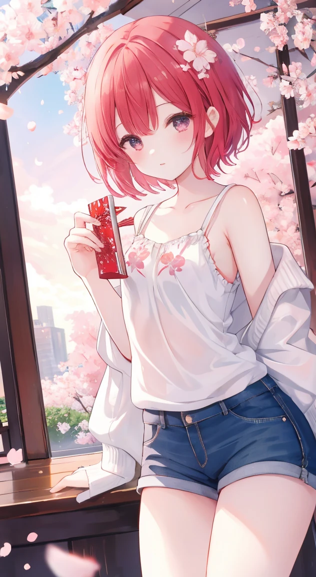 masterpiece、high quality、1 girl、Tank top、shorts、cherry blossoms、Cherry blossom viewing、big chest、fun、cute、red hair、short hair、8K quality