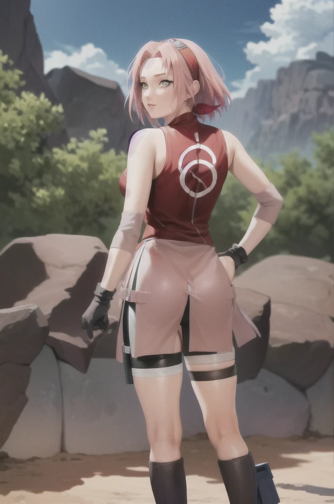 masterpiece, best quality, 1girl,haruno sakura, pink hair,  short hair, green eyes, bike shorts, black gloves, sleeveless, bandages, looking back, view from behind, full body, standing, blue sky, cloud, hidden village 