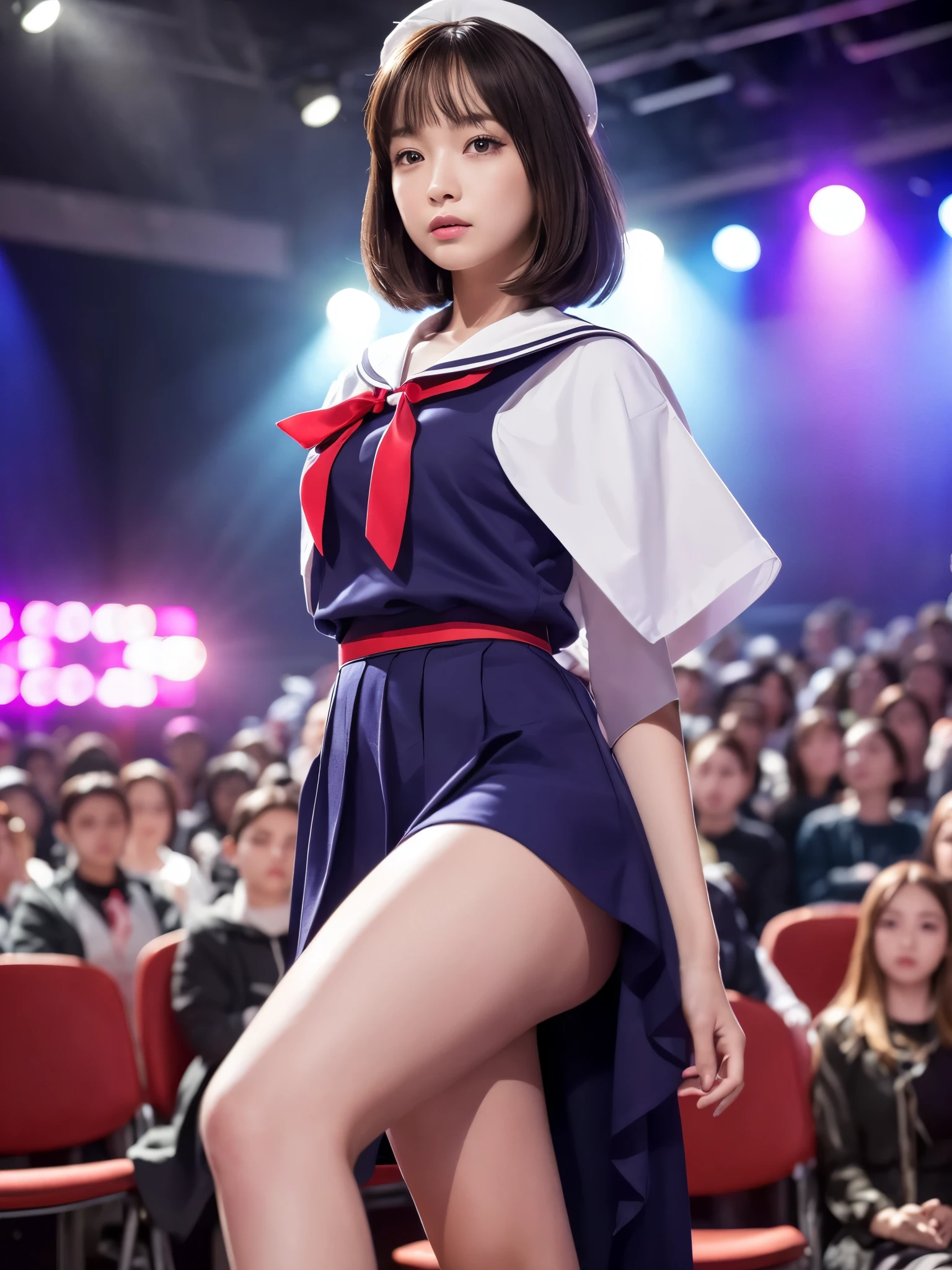 White base with purple-red sailor suit、tulle skirt、23 years old, Performing on an empty stage, concert photos, cute core、(bob hair)、(((watching the audience)))、ribbon on head、（自然でDetailed face立ち、beautiful and detailed eyes、beautiful and dense lips、very detailed eyes、Detailed face、long eyelashes）（8K resolution）、High resolution、masterpiece：1.2 )、Super detailed、(real、photorealistic、photorealistic: 1.37)、8K、fantastic lighting、bright colors、sitting posture、bold spread legs、(anatomically correct)、（perfect body proportions)