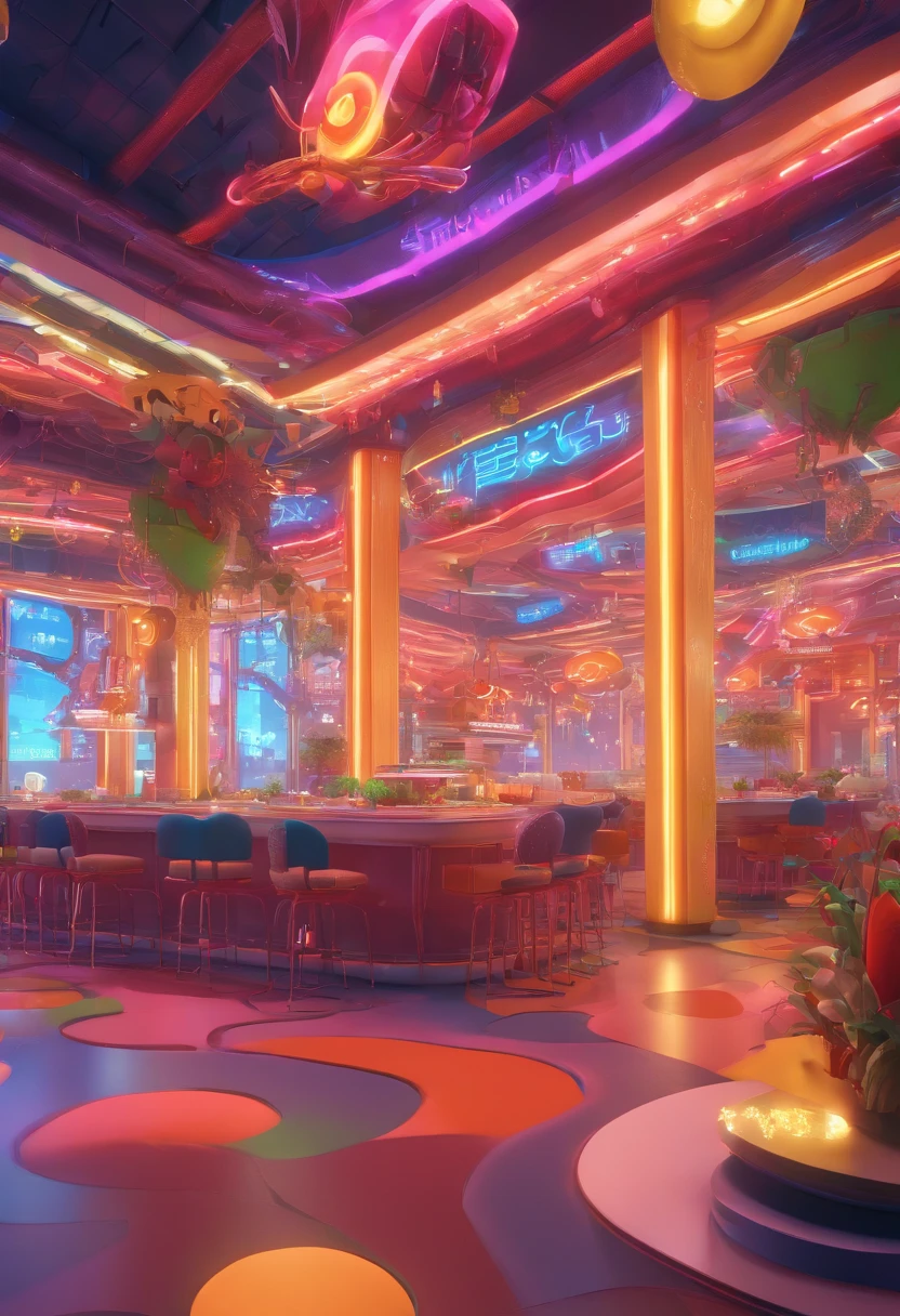 festive colors,Colorful and futuristic,Spectacular filming in New China, Modern style building, Colorful city lights, neon sign, Airship in the sky, Futuristic steampunk shop restaurant, factory, bridge, Futuristic steampunk transport structure, intricate details , busy, imaginative, 4k, rich colors, Bright neon signs and billboards, psychedelia, Realistic lighting and shadows