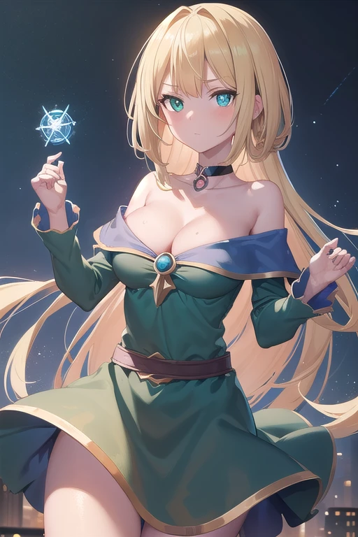 dark magician girl, dark magician girl, blonde hair, choker, (green eyes:1.5), long hair,
break bare shoulders, blue shoes, blush, blush stickers, cleavage, Lock骨, Duel Monsters, have, off shoulder, pentacle, wizard have, (blue clothes:1.5),
break looking at viewer,
break outdoors, city,
break (masterpiece:1.2), highest quality, High resolution, unity 8k wallpaper, (figure:0.8), (detailed and beautiful eyes:1.6), highly detailed face, perfect lighting, Very detailed CG, (perfect hands, perfect anatomy),magic circle、chain、Lock、Set gymnastics