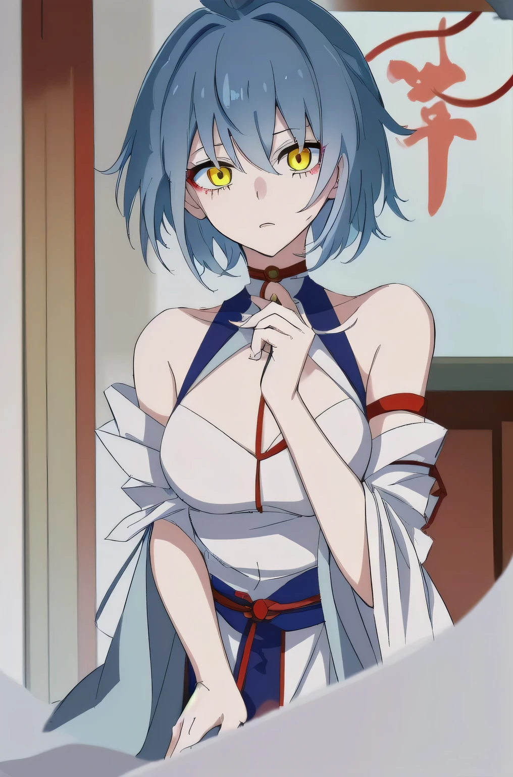 (masterpiece, best quality:1.2), 1girl, solo,blue hair, yellow eyes, taoist robe,white thights, red string, red choker
