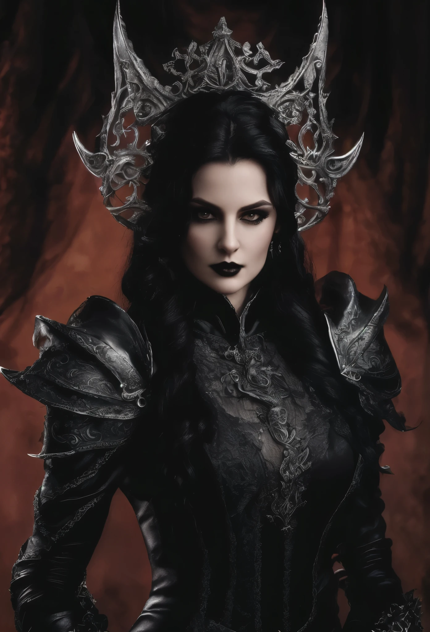 a close up of a woman wearing a black dress and a crown, beautiful vampire female queen, beautiful elegant demon queen, beautiful dark elf countess, portrait of a dark witch, portrait of a sorceress, portrait of a dark goddess, beautiful vampire queen, dark elf princess, dark fantasy style, dark fantasy portrait, yennefer of vengerberg