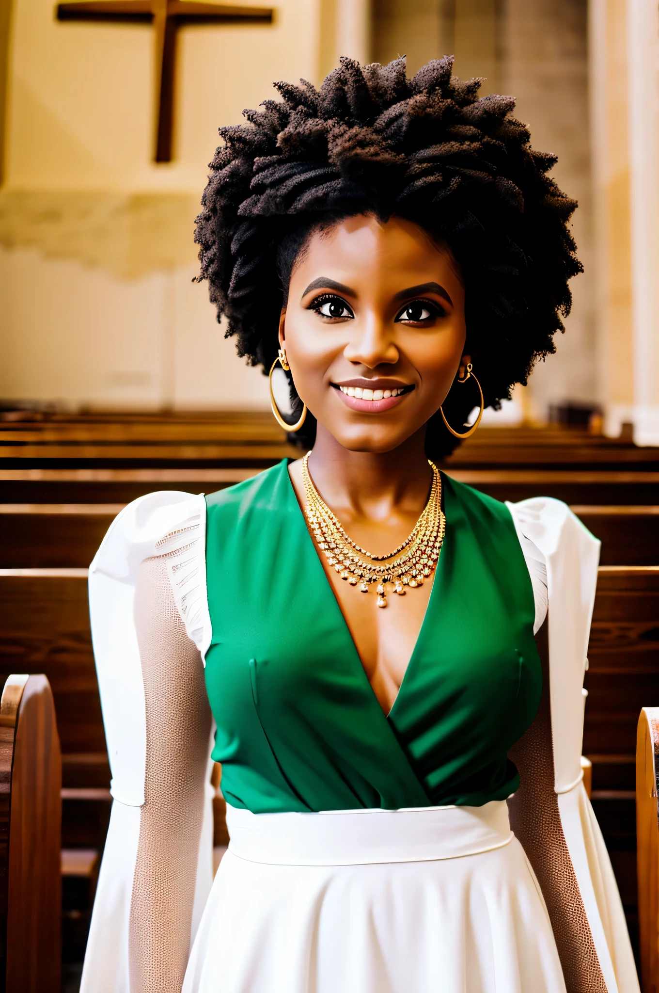 African woman at church, early 20's, sunlight, people in pews, white dress, gold necklace, green eyes, earrings