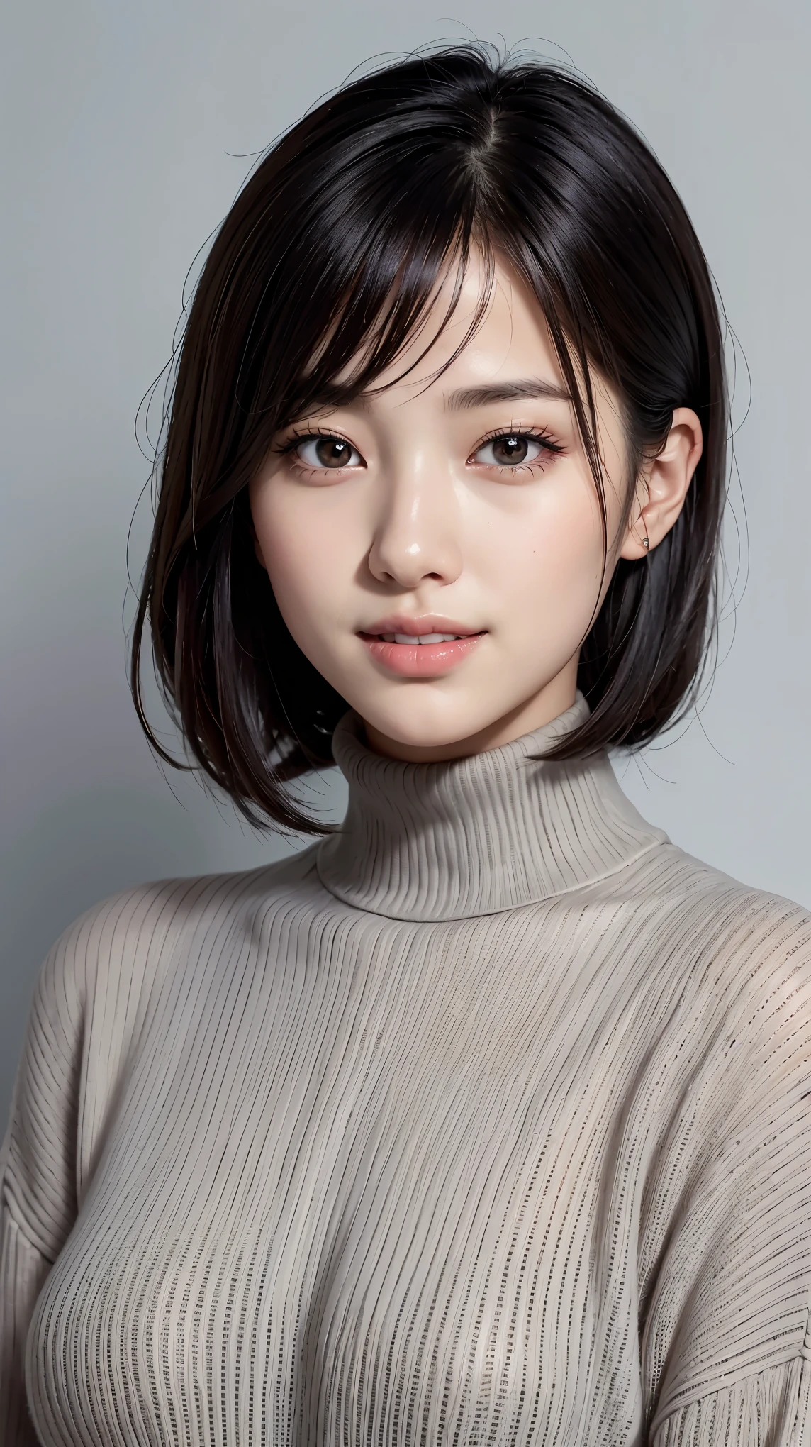 Realistic, masterpiece, highest quality, highest resolution, A portrait depicting only the upper body of a Japanese woman, A happy smile, slightly turned to the side, definitely looking at the audience, beautiful detailed eyes, black eyes, (hidden creased eyelids:1.2), thin eyebrows, Carefully draw eyelashes, natural makeup, middle hair, silver hair, detailed face, Black thick turtleneck sweater