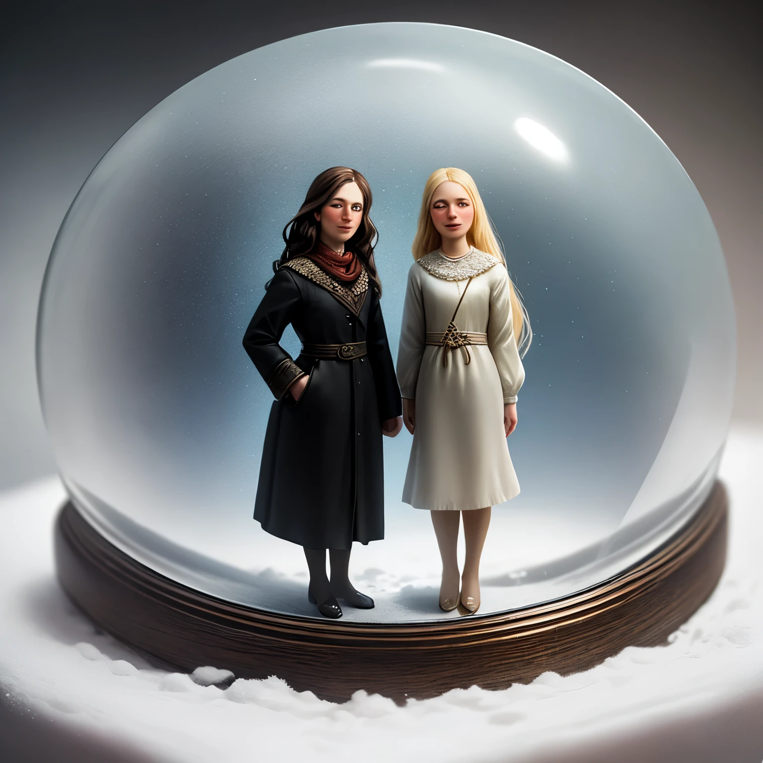 A magical glass snow globe with two women, aged 20 and 22 living inside it, ((staring out at the viewer)), realism, ((full bodies of the women visible)), miniature women, tiny women, shrunken women 