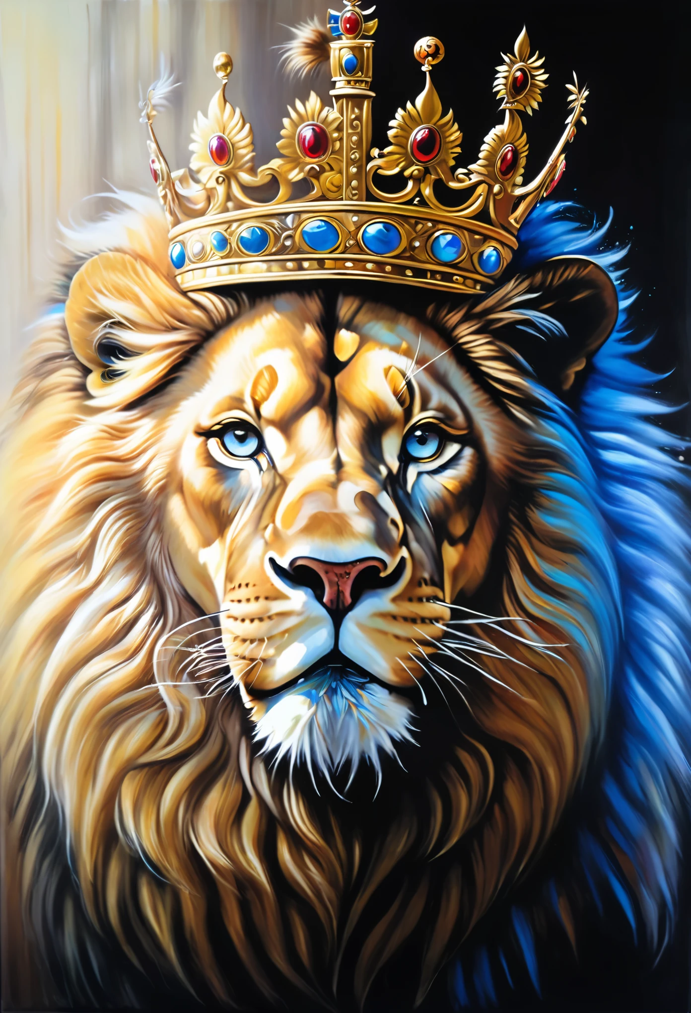 painting of a leão wearing a coroa with a blue eyes, lion with crown, Rei da floresta, Rei dos Reis, retrato de um rei, lion&#39;s gate, lion head, aslan the lion, with the mane of a leão, senhor da selva, lion warrior, lions, Leonardo da Vinci, portrait of a lion, coroa!! oil painting, lion in 128k ultra realistic,grafitti,EDUARDO KOBRA.