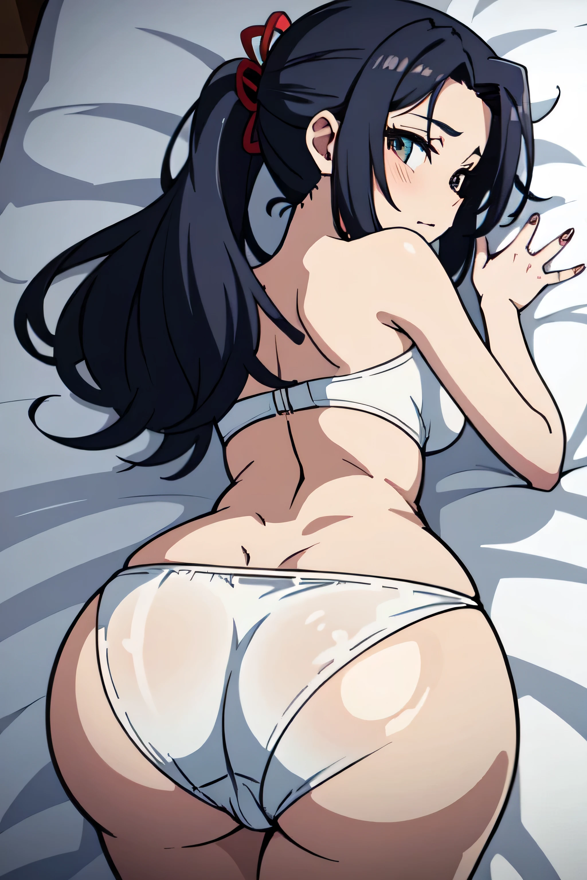 Girl lying on bed, chest down, looking back, emphasis on her buttocks, holding her buttock with hand, ponytail hairstyle, white underwear