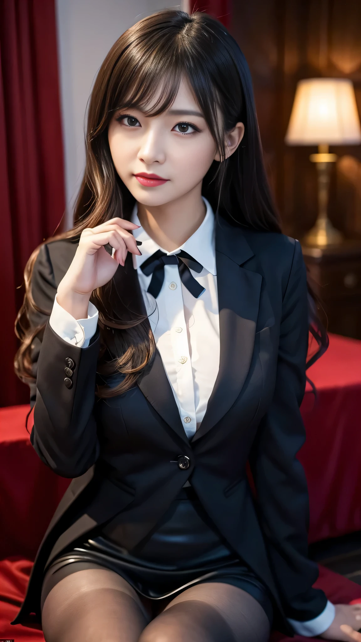 tra-detailed、Japanese、attractive beauty、seductive adult woman、pretty woman、piercing eyes、cool girl、wavy hair、swept bangs、suit、Jacket、blouse、ribbon、Tight Skirt、pantyhose、beautiful feet、Evil cadres、evil depravity、brainwash、mind control、lipstick、lip gloss、dark makeup、smirk、Evil expression、evil、hollow eyes,half-closed eyes、empty eyes、evil、night room、dark room、vampire、succubus、vampire、Swear allegiance、stand、