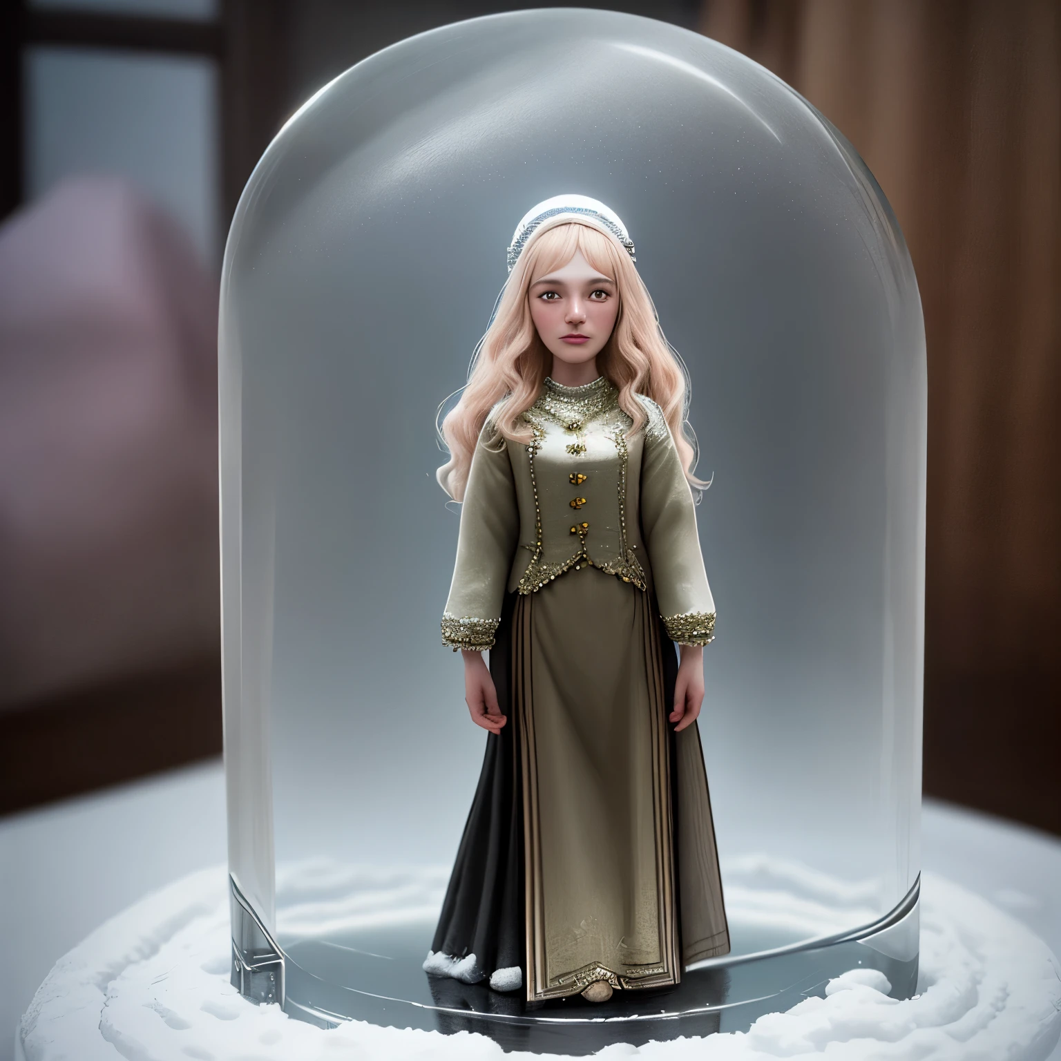A magical glass snow globe with three women!!, aged 20 and 22 and 24, living inside it, ((standing, staring out at the viewer)), realism, ((full bodies of the women visible)), miniature women, tiny women, shrunken women 