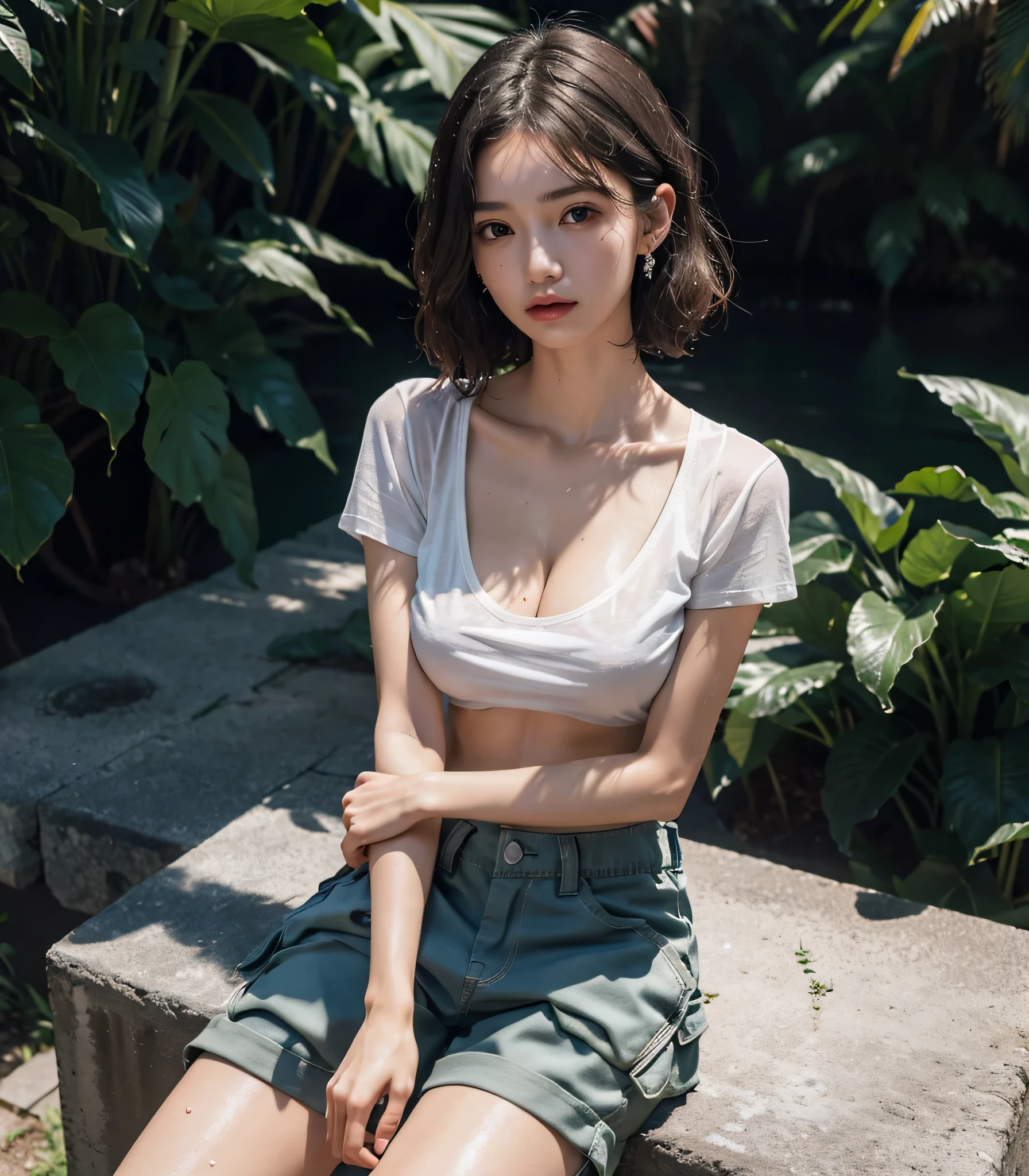 absurdres, RAW photo, extremely delicate and beautiful, Best Quality, ultra high resolution, 32k, hyperrealistic, ultra-detailed, perfect anatomy, perfect figure, super Detailed skin, Very detailed CG 8k wallpaper, 30 years old, very Slim body, narrow waist, very small head, very small face, tearful mole, earring, thin legs, (very huge round breasts:1.2), full body shot, short hair, (wavy hair:1.2), wet clothes, (T-shirt:1.2), (baggy cargo shorts:1.2),