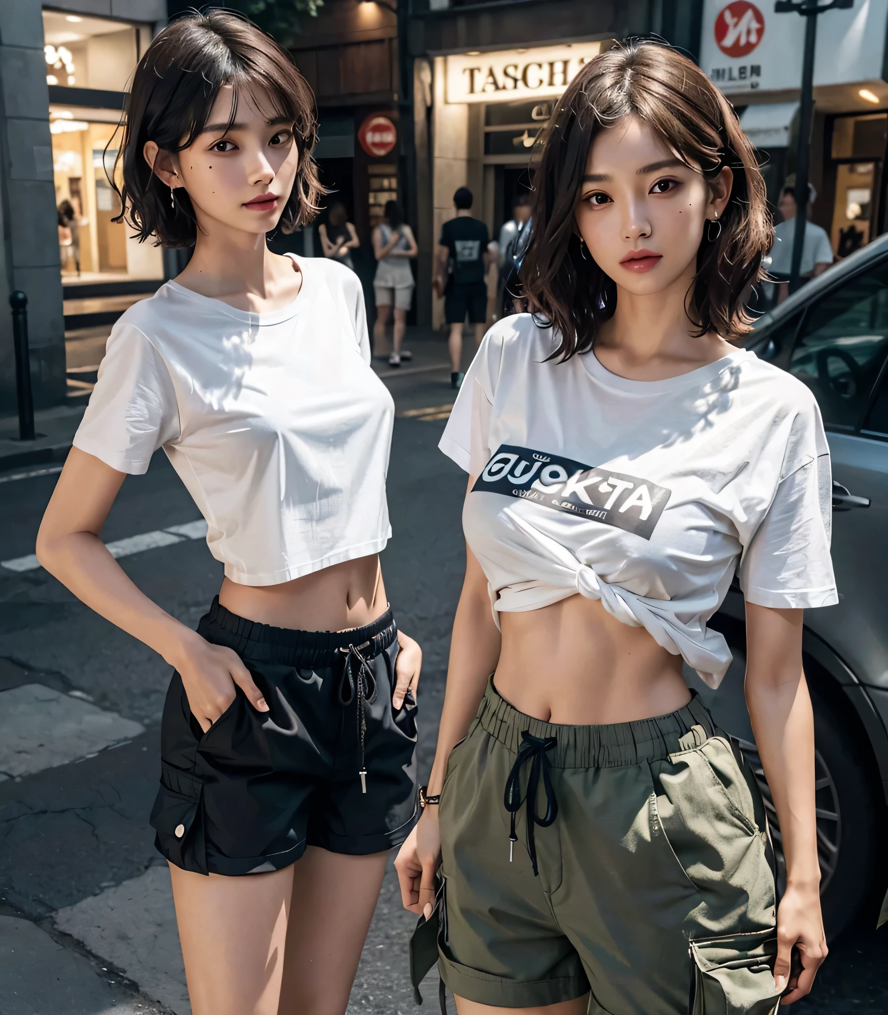 RAW photo, Best Quality, ultra high resolution, 32k, hyperrealistic, ultra-detailed, perfect anatomy, perfect figure, super Detailed skin, Very detailed CG 8k wallpaper, 30 years old, very Slim body, narrow waist, very small head, very small face, tearful mole, earring, thin legs, (very huge round breasts:1.2), full body shot, short hair, (wavy hair:1.2), wet clothes, (T-shirt:1.2), (baggy cargo shorts:1.2),