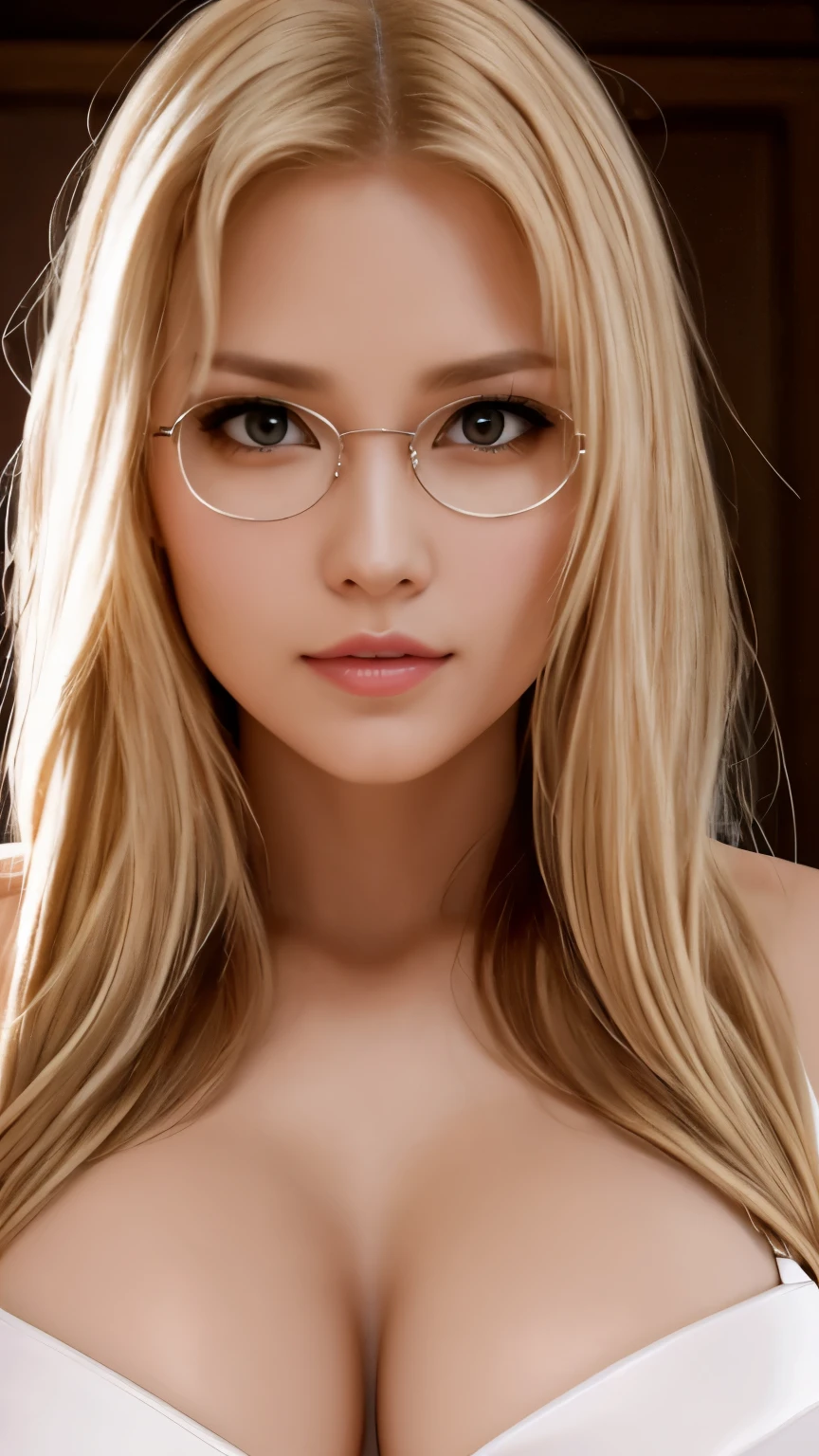 1 female,20th generation,round glasses,blonde hair,semi-long,Moist eyes,looking at the viewer,dynamic angle,cleavage,upper grade,Upper body,High definition,masterpiece,Highest image quality,8K,Super realistic,Chest and face are visible,portrait,sexy,