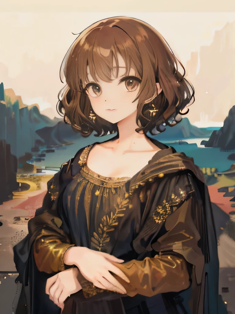 Anime girl, short hair, curly hair, light brown hair, brown eyes, long dress, dark brown dress, neutral features, village setting, Mona Lisa style, long earrings.