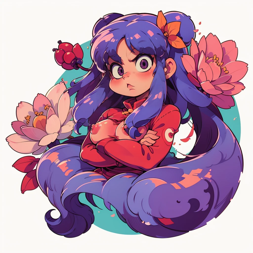 ((sticker-style illustration for print with 1girl, minimalism,)), simple background, clean:0.9, lineart, vector, shampoo \(ranma 1/2\), looking at the viewer, long purple hair, (eyes angry), (Cherry blossoms for background), circle frame, crossed arms, circle frame, no shirt, topless, (breast , nice nipples), circle frame, UHD, great details, long hair

