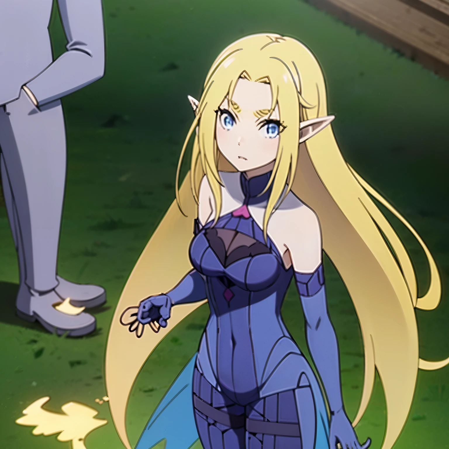 elf girl of 10 years, small, blond hair, short hair to the shoulders, light blue eyes, wearing a tight suit to her body highlighting her figure despite being small has good bearing, medium breasts, black heels, a cloak,