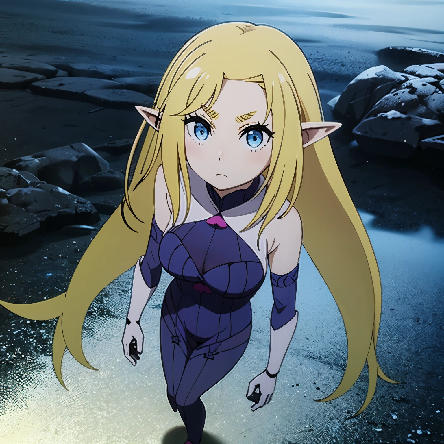 elf girl of 10 years, small, blond hair, short hair to the shoulders, light blue eyes, wearing a tight suit to her body highlighting her figure despite being small has good bearing, medium breasts, black heels, a cloak,