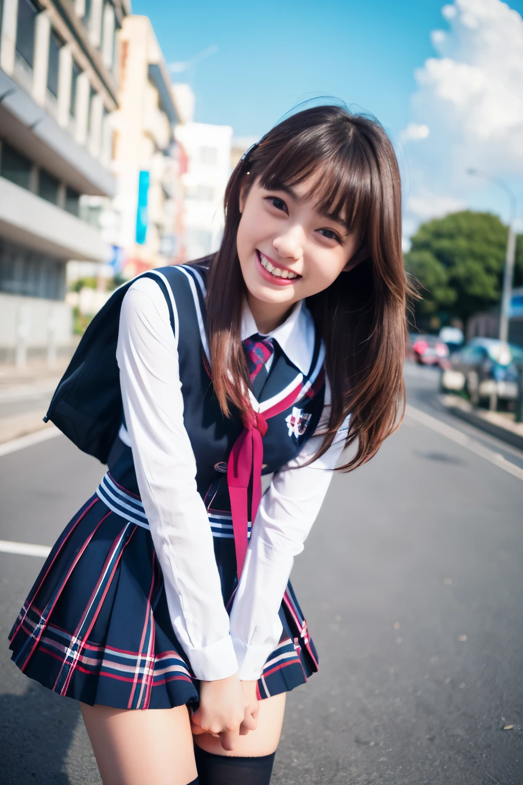 (8K, highest quality, masterpiece:1.2), (realistic, photo-realistic:1.37), Super detailed, 1 girl, alone, cute, beautiful detailed sky, (smile:1.2), (grin and laugh), detailed and beautiful eyes, floating hair,(seifuku:1), stockings, full body,street,Little information
