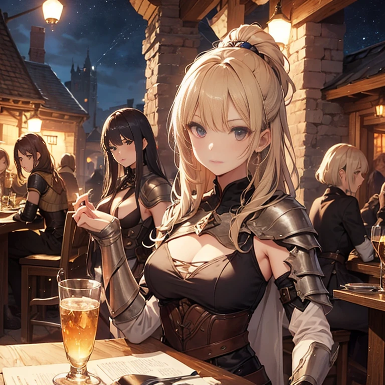 A group of  female medieval fantasy adventurers, (in tavern), various hair styles, harem, night, details face, seducing, sleeveless, armor, 