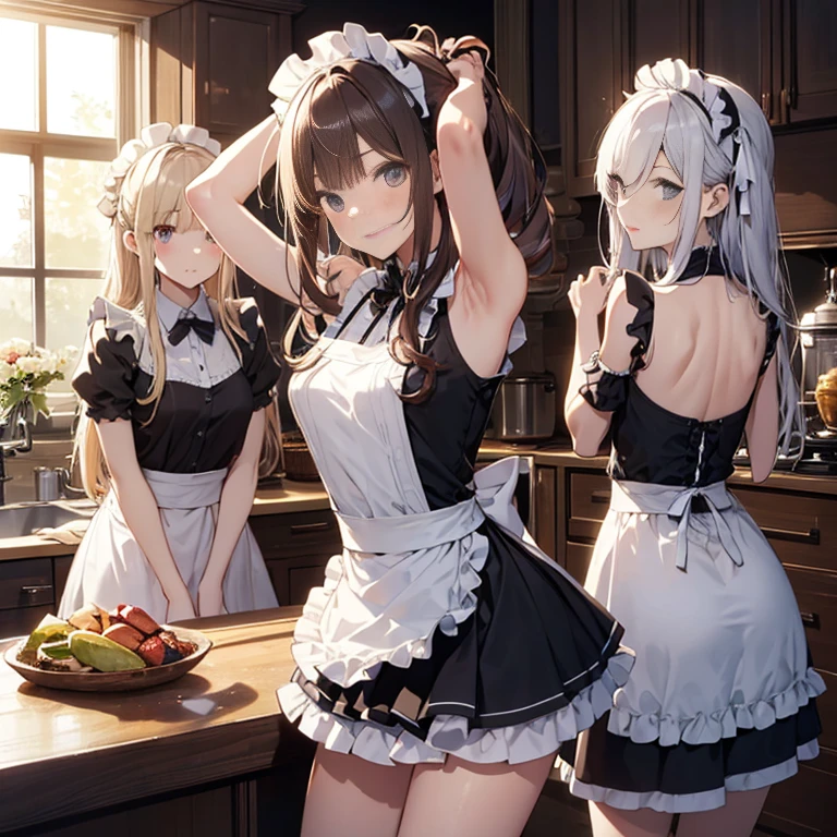 A group of maids, (in kitchen), various hair styles, harem, wearing maid clothes, night, details face, short skirt, seducing, sleeveless, armpits