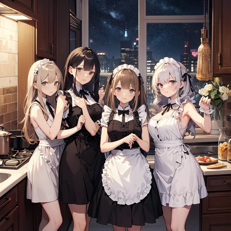 A group of maids, (in kitchen), various hair styles, harem, wearing maid clothes, night, details face, short skirt, seducing, sleeveless, armpits