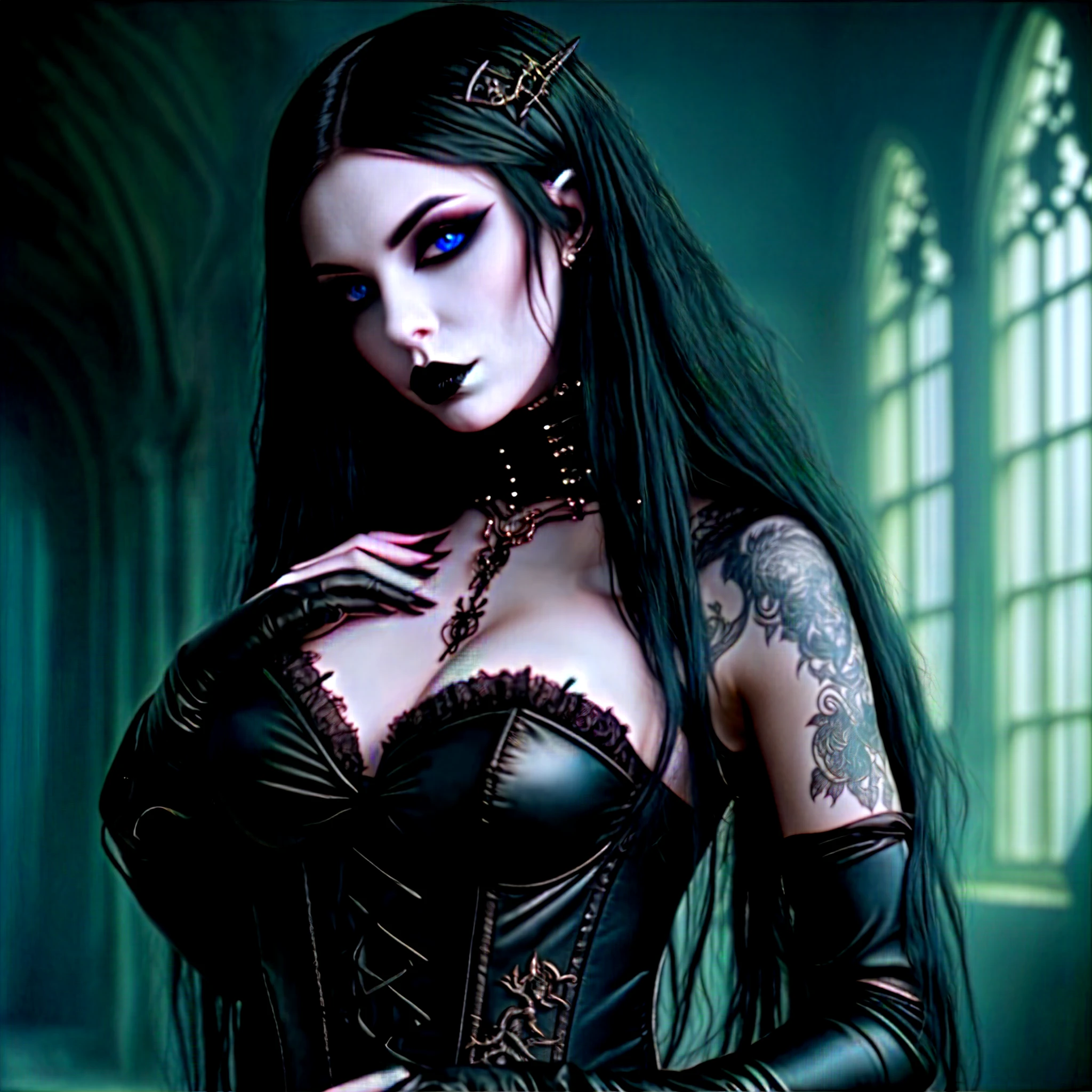 arafed woman in a black corset and black gloves posing for a picture, dark goth queen, gothic maiden of the dark, goth woman, dark goth queen with blue eyes, gothic maiden, gothic art, gothic aesthetic, pale goth beauty, dark and gothic, gothic fantasy, gothic, gothic art style, portrait of a dark goddess, beautiful vampire female queen