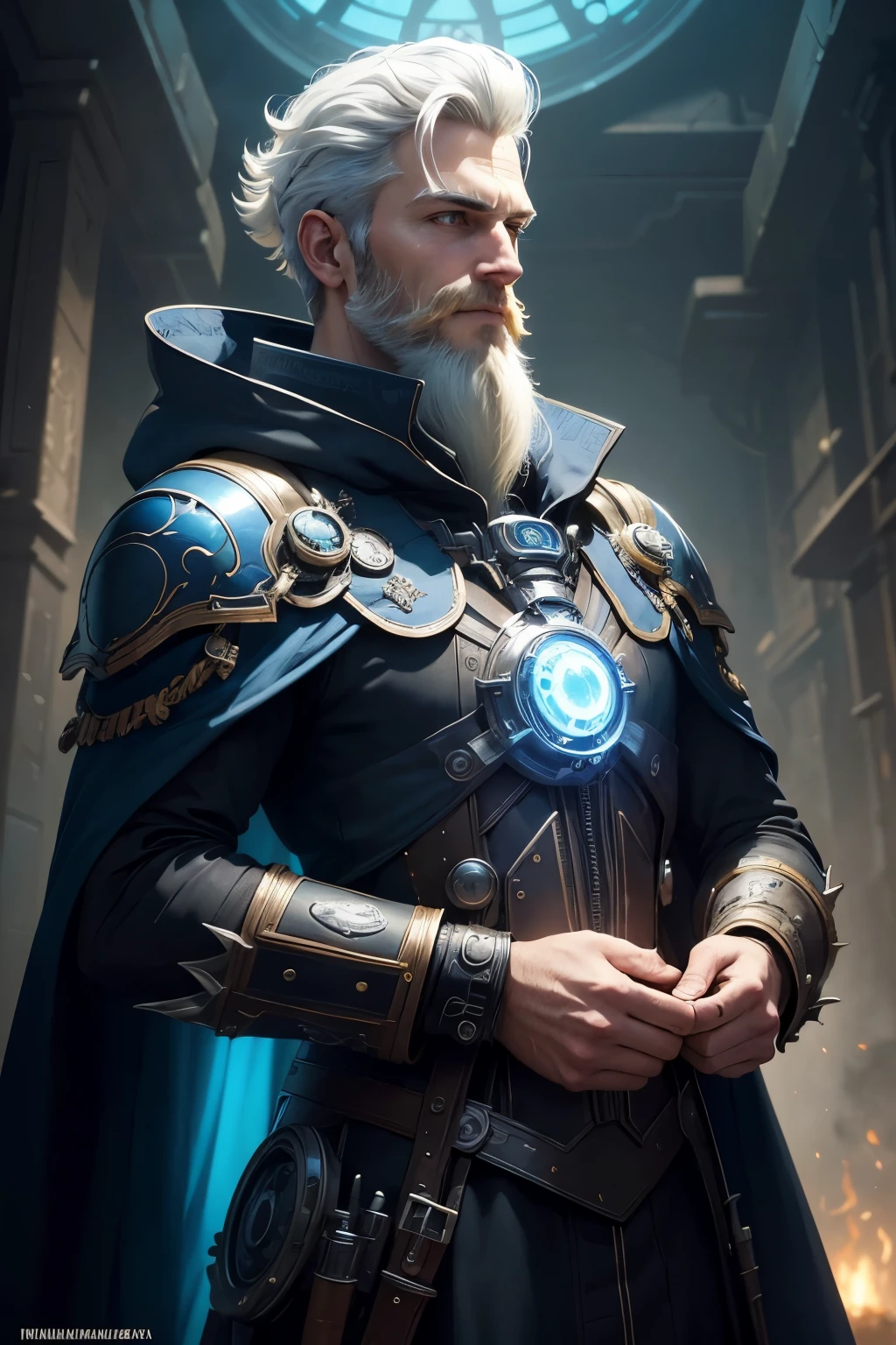 ((Best quality)), ((masterpiece)), ((realistic cartoon)) : beautiful and detailed illustration, pop art, masterpiece, best quality, ultra-detailed, soft lighting, cinematic shot, vibrant colors, gorgeous colors, (1man, thin adult hungarian male:1.2), silver eyes, yellow hair, long beard, solo, from side, side view, (full body:0.6), looking down, detailed background, detailed face, (cogpunkai, cogpunk theme:1.1), grinning, techno-priest, technomancer, dynamic pose, technology, fusion of witchcraft and advanced technology, dark blue intricate engineering equipment, cloak, magical inscriptions, tinkering, scientific aura, high tech planet in background, backlighting