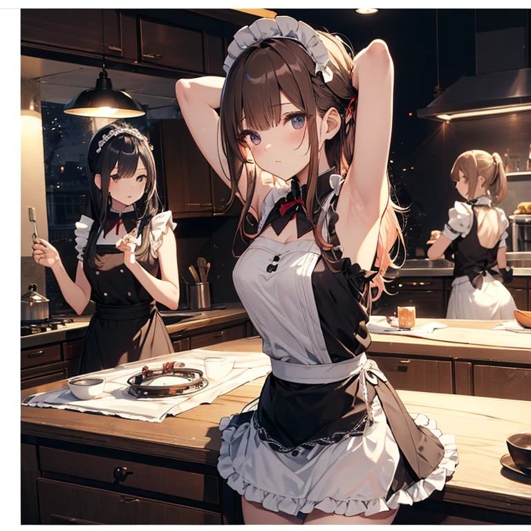 A group of  maids, (in kitchen), various hair styles, harem, wearing maid clothes, night, details face, short skirt, seducing, sleeveless, armpits 