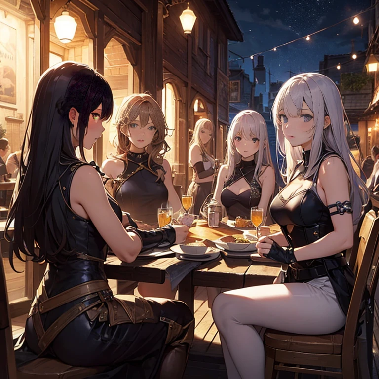 A group of female medieval fantasy adventurers, (in tavern), various hair styles, harem, night, details face, seducing, sleeveless, armor
