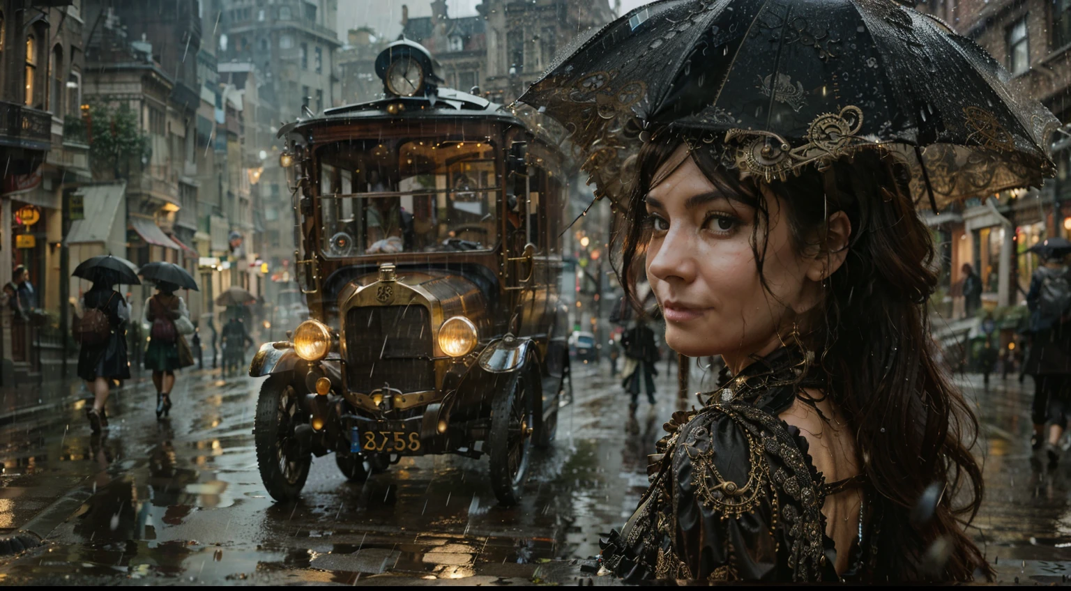 Foreground:
A captivating steampunk woman, her attire a fusion of elegance and functionality. Gears and pistons adorn her outfit, perhaps incorporated into a flowing skirt or a cunningly designed backpack.
Background:
A bustling cityscape in the throes of a downpour. Rain slicks the cobblestone streets, reflecting the gaslight glow from ornately decorated houses in the steampunk style.
In the distance, a classic 1908 taxi navigates the wet streets, its brass trimmings gleaming momentarily before being obscured by the rain.
Additional details:
Consider incorporating specific details to enhance the scene. Perhaps the woman clutches a parasol, its fabric adorned with gears or cogs, struggling to shield herself from the relentless rain.
You could also add elements of movement, like the woman's dress billowing in the wind or the taxi splashing through puddles.