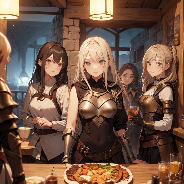 A group of female medieval fantasy adventurers, (in tavern), various hair styles, harem, night, details face, short skirt, seducing, sleeveless, armor