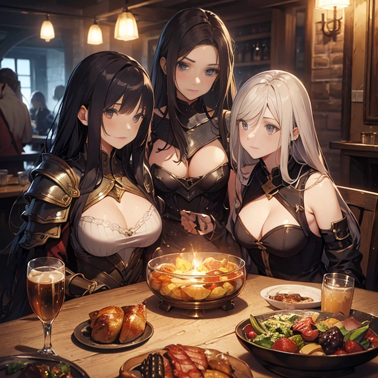 A group of  female medieval fantasy adventurers, (in tavern), various hair styles, harem, night, details face, seducing, sleeveless, armor 