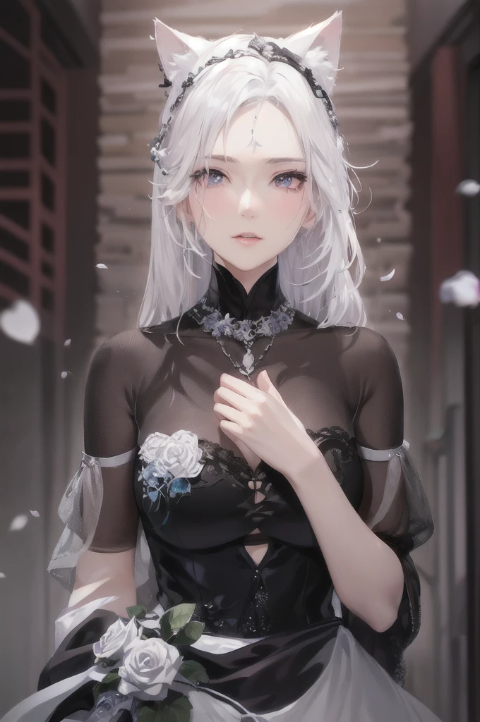 Anime girl with white hair and cat ears holding a rose, Beautiful anime girl, The perfect white-haired girl, beautiful anime woman, work in Guweiz style, 8k high quality detailed graphics, beautiful charming anime woman, detailed digital anime art, anime style 4k, digital anime art, guweiz on artstation pixiv, beautiful anime portrait