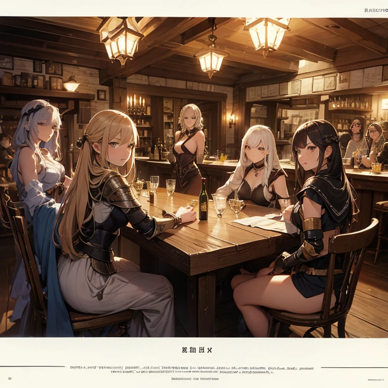 A group of female medieval fantasy adventurers, (in tavern), various hair styles, harem, night, details face, seducing, sleeveless, armor