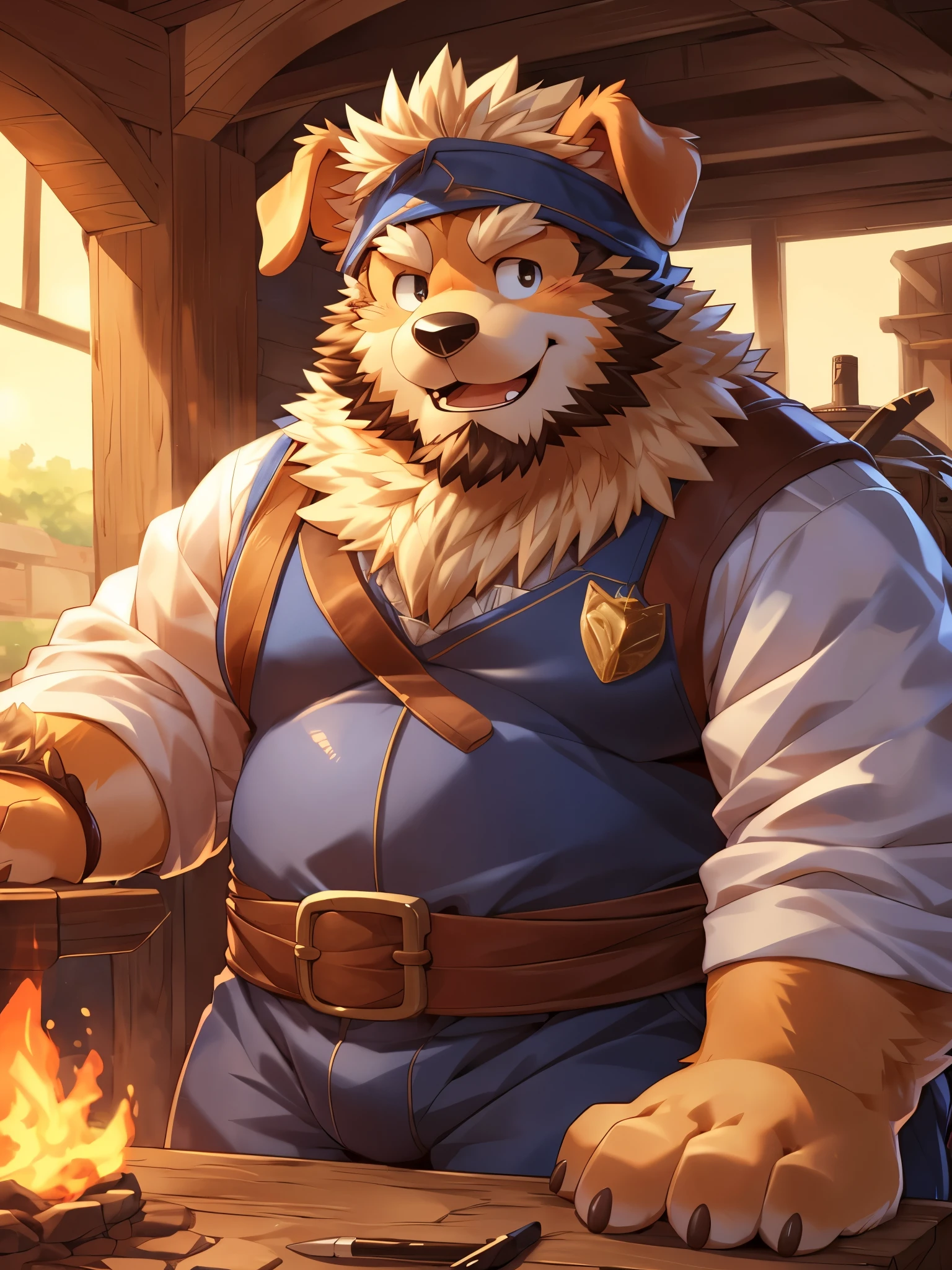 anthro, kemono, male, solo, ((round face, very plump face, thick beard)), ((endomorph body type, old-aged)), (adventure costume), ((domestic dog, dog) fluffy fur, fluffy), (at medieval workshop), (Forge), (sweating:1.2), surrounded by worktools, (high quality, highres, masterpiece), (dynamic lighting, vivid color), (happy, joyful, relaxed), (face focus), front view, looking at viewer, (dynamic pose), close up, cartoon, by takemoto arashi, by zixiong, by chunnie, by null-ghost
