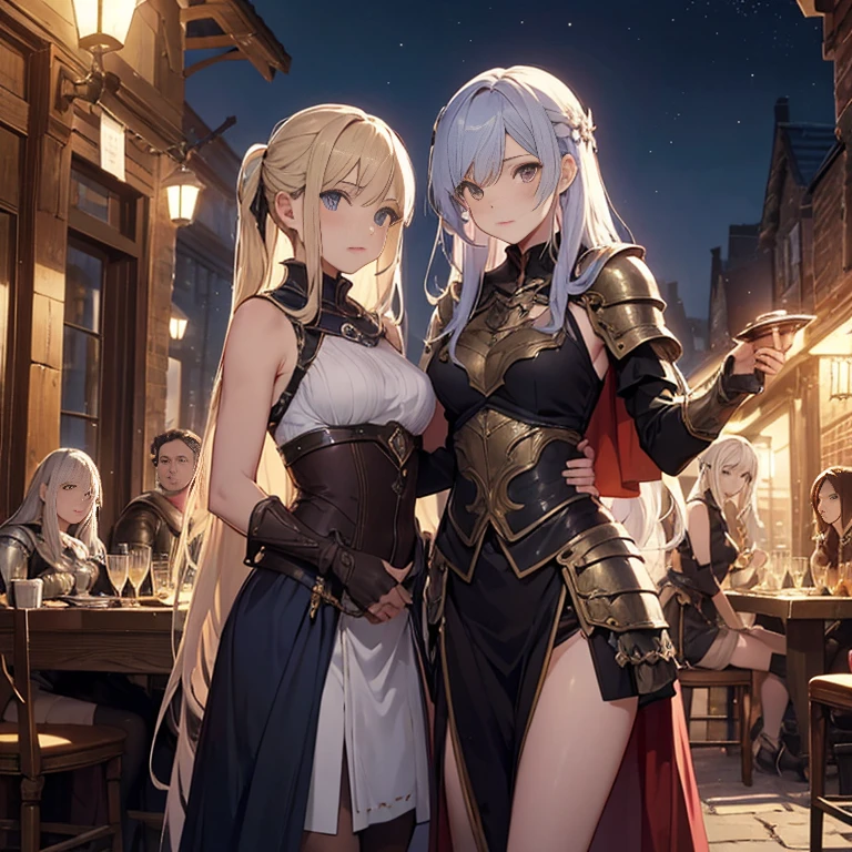 A group of female medieval fantasy adventurers, (in tavern), various hair styles, harem, night, details face, seducing, sleeveless, armor